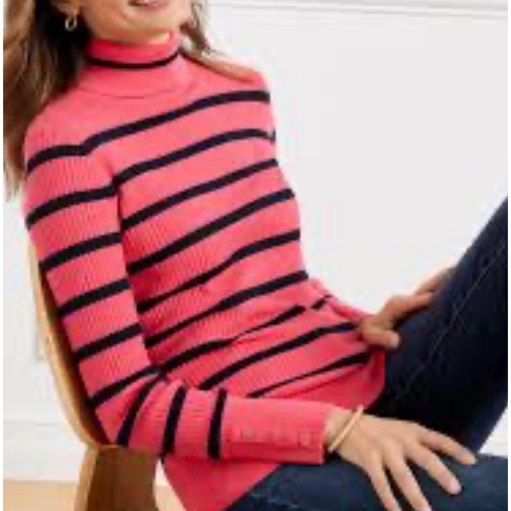 Talbots Petite XL Coral Pink Navy Blue Striped Ribbed Turtleneck Sweater Buttons